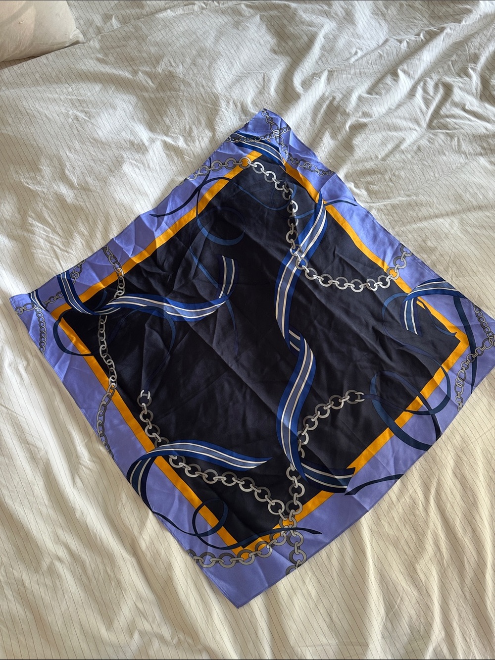 100% silk Ann Taylor Chain Print Square Scarf - Navy, Periwinkle, Gold